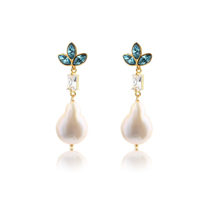 925 Sterling Silver Marquise Crystal Baroque Pearl
