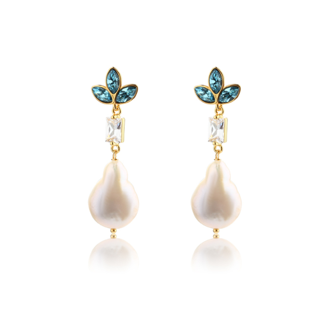 925 Sterling Silver Marquise Crystal Baroque Pearl