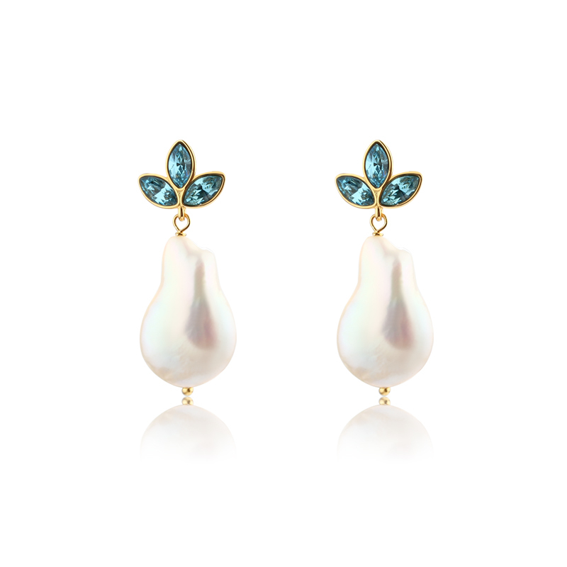 925 Sterling Silver Marquise Crystal Baroque Pearl Studs Earrings