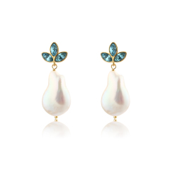 925 Sterling Silver Marquise Crystal Baroque Pearl Studs Earrings