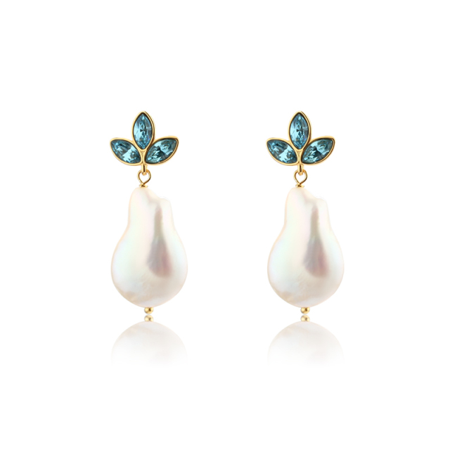 925 Sterling Silver Marquise Crystal Baroque Pearl Studs Earrings