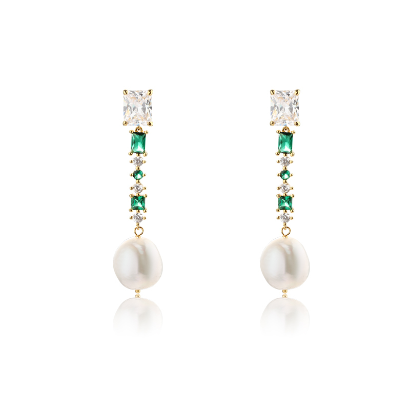 925 Sterling Silver Long CZ Baroque Pearl Studs Earrings