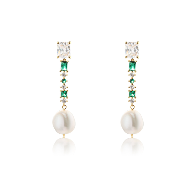 925 Sterling Silver Long CZ Baroque Pearl Studs Earrings