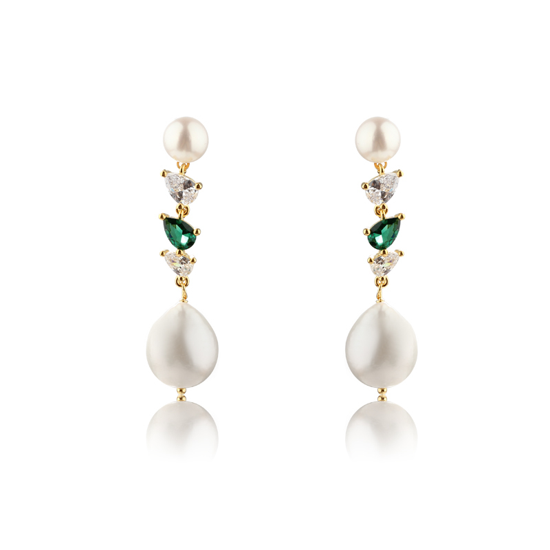 925 Sterling Silver Long CZ Baroque Pearl Studs Earrings