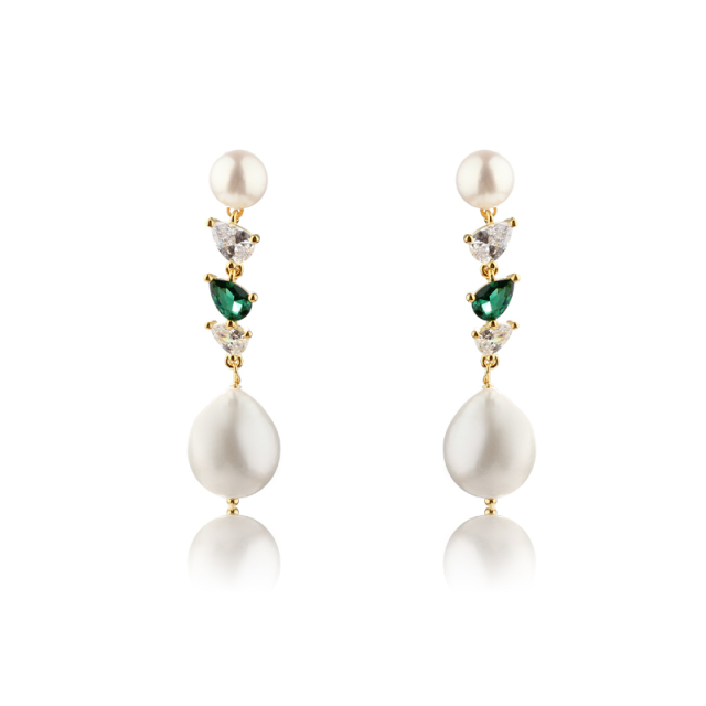 925 Sterling Silver Long CZ Baroque Pearl Studs Earrings
