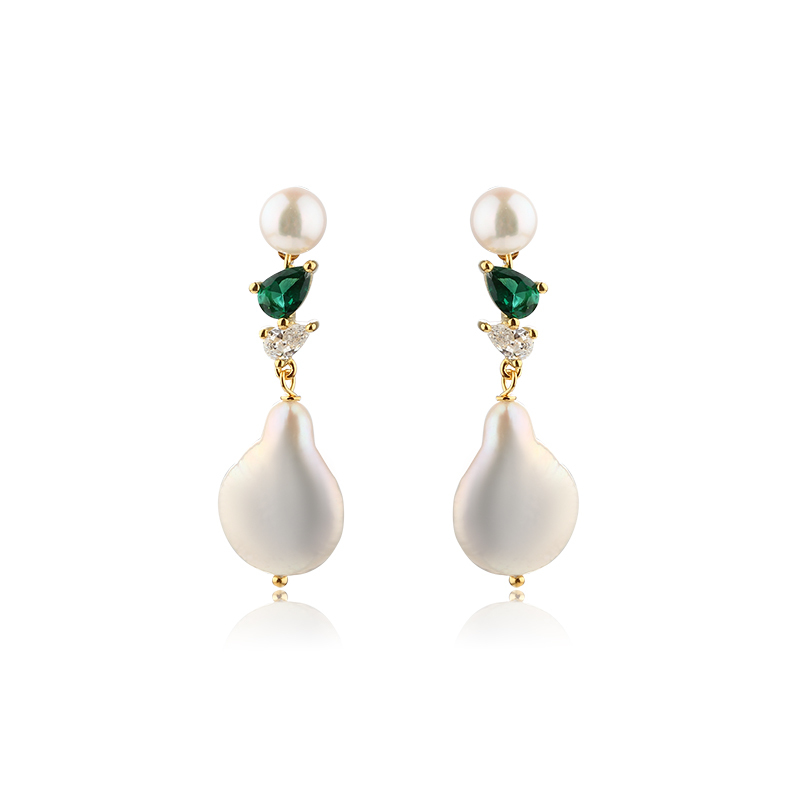 925 Sterling Silver Long CZ Baroque Pearl Studs Earrings