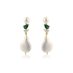 925 Sterling Silver Long CZ Baroque Pearl Studs Earrings