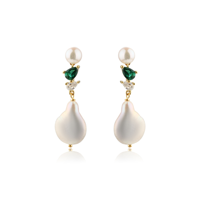 925 Sterling Silver Long CZ Baroque Pearl Studs Earrings