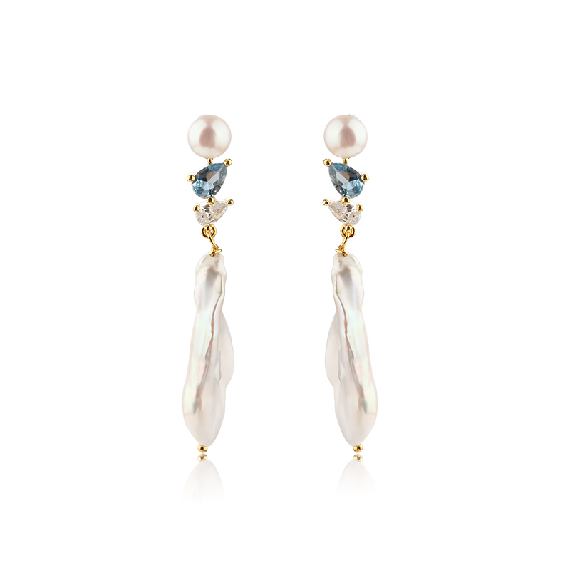 925 Sterling Silver Long CZ Baroque Pearl Studs Earrings