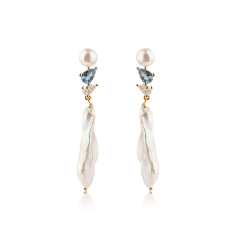 925 Sterling Silver Long CZ Baroque Pearl Studs Earrings