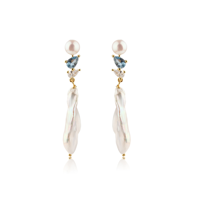 925 Sterling Silver Long CZ Baroque Pearl Studs Earrings