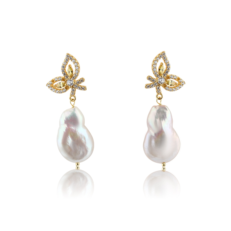 925 Sterling Silver Butterfly CZ Baroque Pearl Studs Earrings