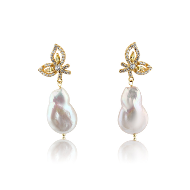 925 Sterling Silver Butterfly CZ Baroque Pearl Studs Earrings