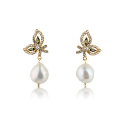 925 Sterling Silver Butterfly CZ Baroque Pearl Studs Earrings