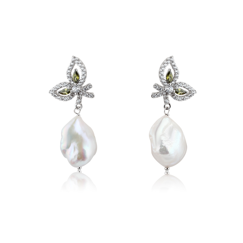 925 Sterling Silver Butterfly CZ Baroque Pearl Studs Earrings