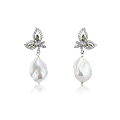 925 Sterling Silver Butterfly CZ Baroque Pearl Studs Earrings