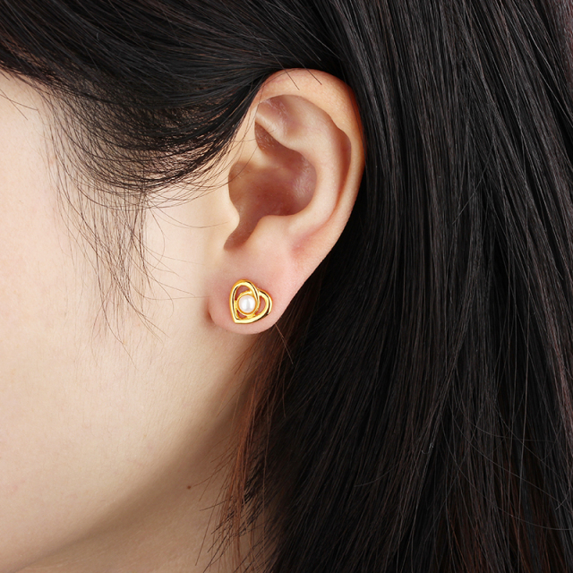 925 Sterling Silver Heart Button Pearl Earring Studs