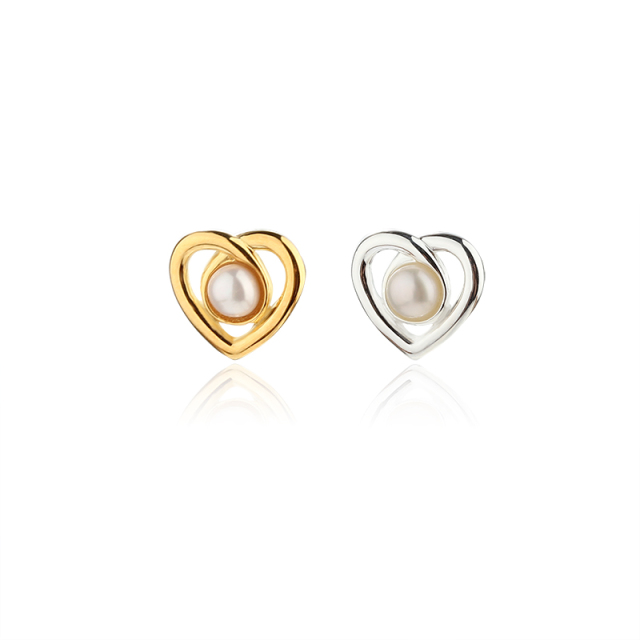 925 Sterling Silver Heart Button Pearl Earring Studs