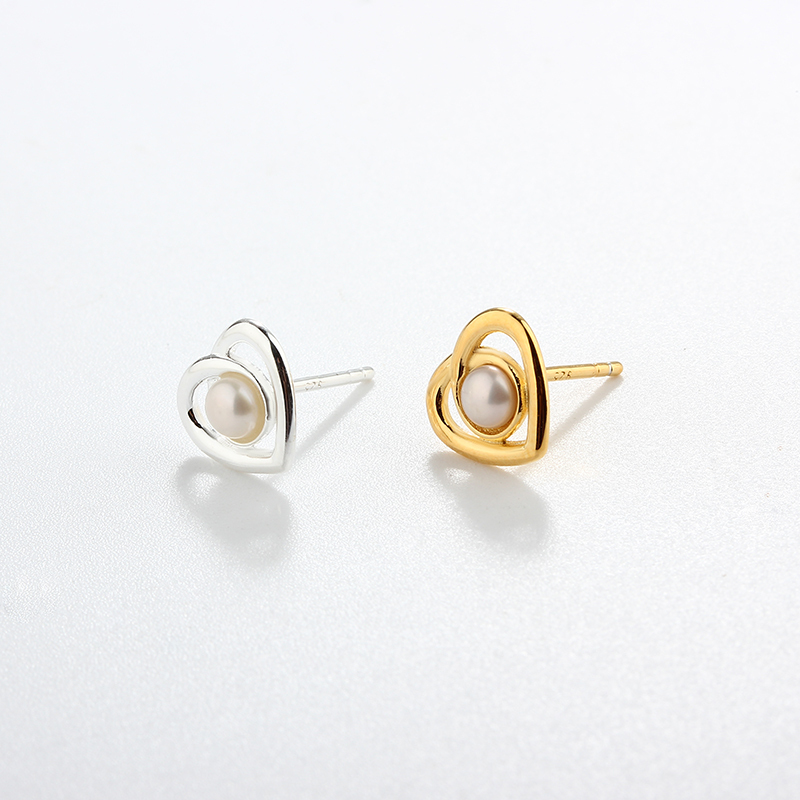925 Sterling Silver Heart Button Pearl Earring Studs