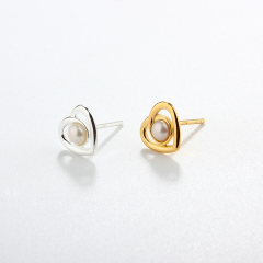 925 Sterling Silver Heart Button Pearl Earring Studs