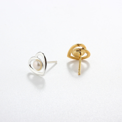 925 Sterling Silver Heart Button Pearl Earring Studs