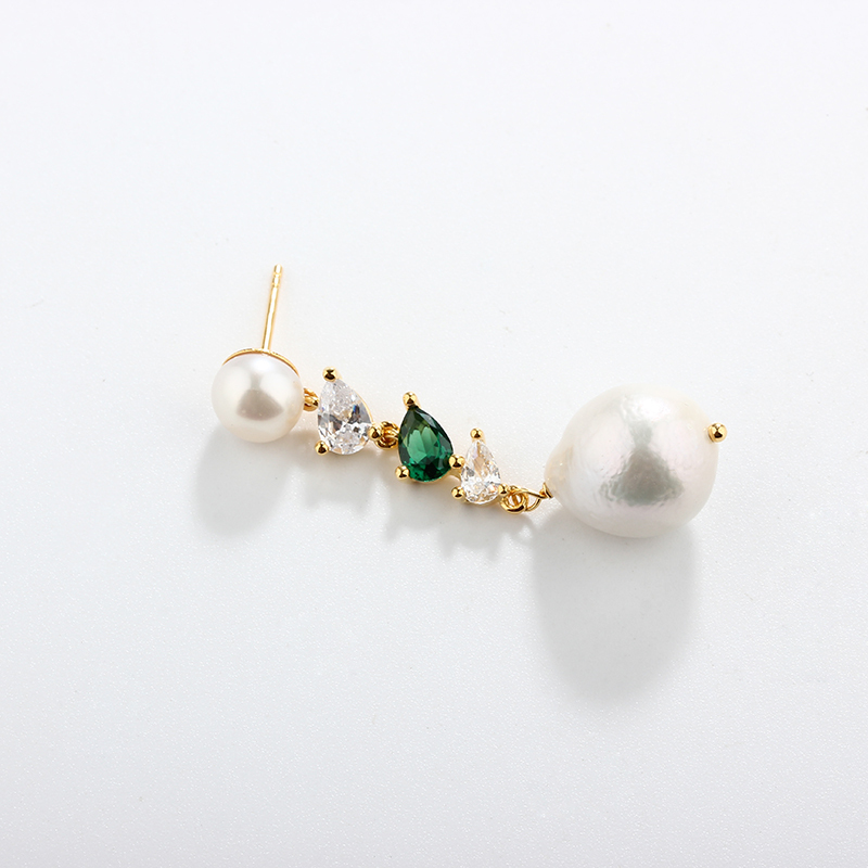925 Sterling Silver Long CZ Baroque Pearl Studs Earrings