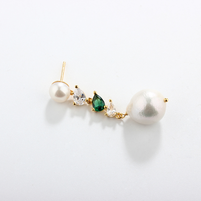 925 Sterling Silver Long CZ Baroque Pearl Studs Earrings