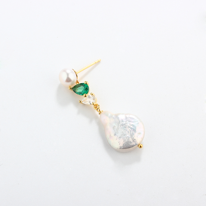 925 Sterling Silver Long CZ Baroque Pearl Studs Earrings