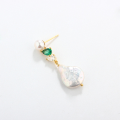 925 Sterling Silver Long CZ Baroque Pearl Studs Earrings