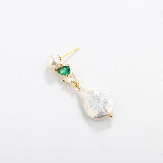 925 Sterling Silver Long CZ Baroque Pearl Studs Earrings