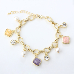 Gold-Tone Copper Charm Bracelet with Shell Pearls & Multi-Color Rose Charms
