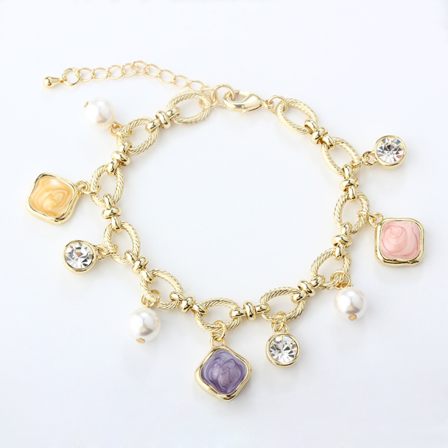 Gold-Tone Copper Charm Bracelet with Shell Pearls & Multi-Color Rose Charms