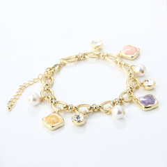 Gold-Tone Copper Charm Bracelet with Shell Pearls & Multi-Color Rose Charms