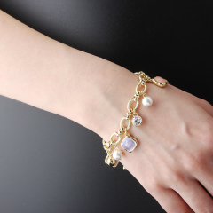 Gold-Tone Copper Charm Bracelet with Shell Pearls & Multi-Color Rose Charms