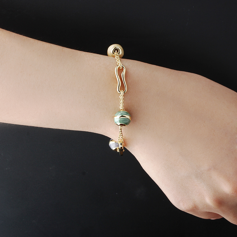 Gold-Tone Copper Bracelet with Marble Swirl Beads & Abstract Links