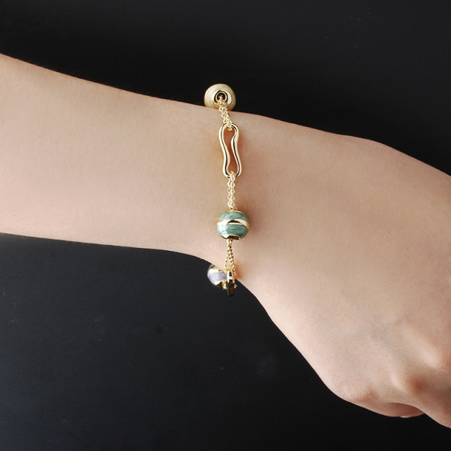 Gold-Tone Copper Bracelet with Marble Swirl Beads & Abstract Links