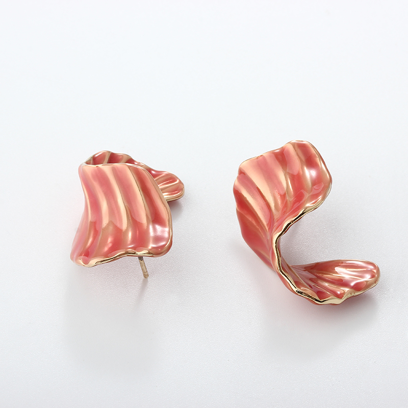Gold-Tone Pink Enamel Wave Shape Earrings