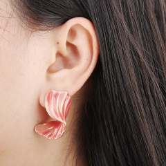 Gold-Tone Pink Enamel Wave Shape Earrings