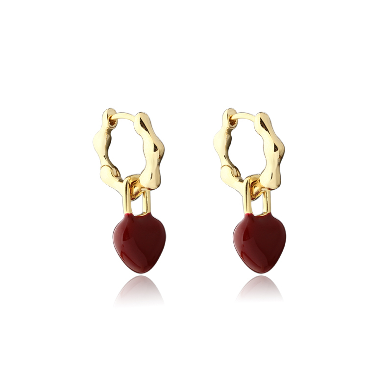 Red Heart Drop Gold-Tone Hoop Earrings