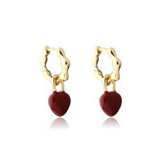 Red Heart Drop Gold-Tone Hoop Earrings