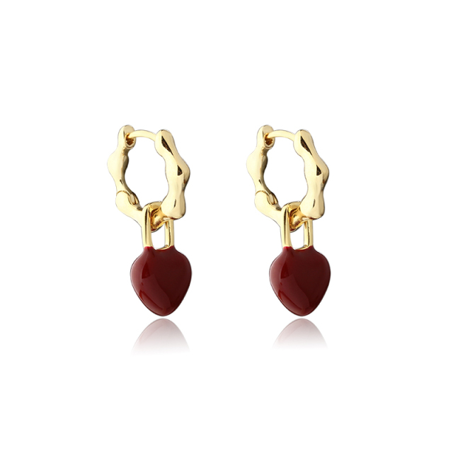 Red Heart Drop Gold-Tone Hoop Earrings