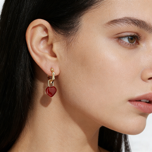 Red Heart Drop Gold-Tone Hoop Earrings