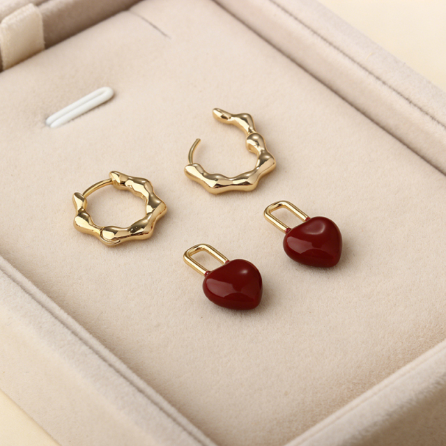 Red Heart Drop Gold-Tone Hoop Earrings