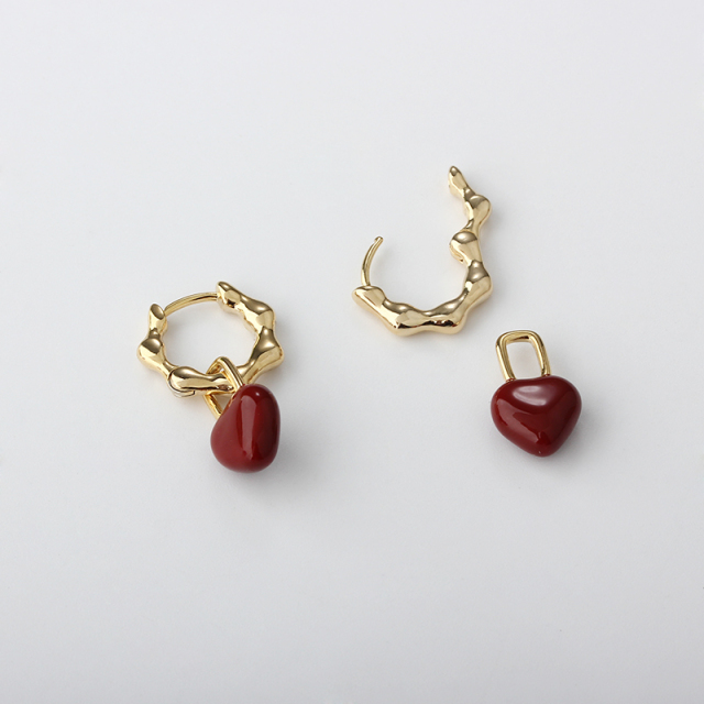 Red Heart Drop Gold-Tone Hoop Earrings