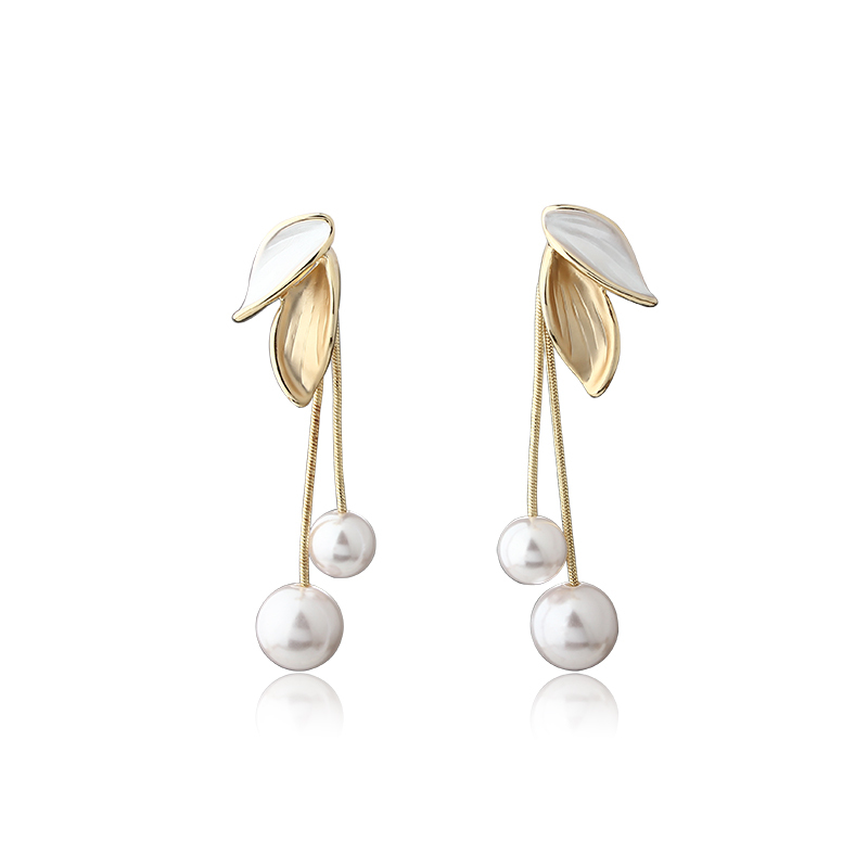 Leaf & Shell Pearl Long Tassel Gold-Tone Earrings