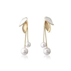 Leaf & Shell Pearl Long Tassel Gold-Tone Earrings