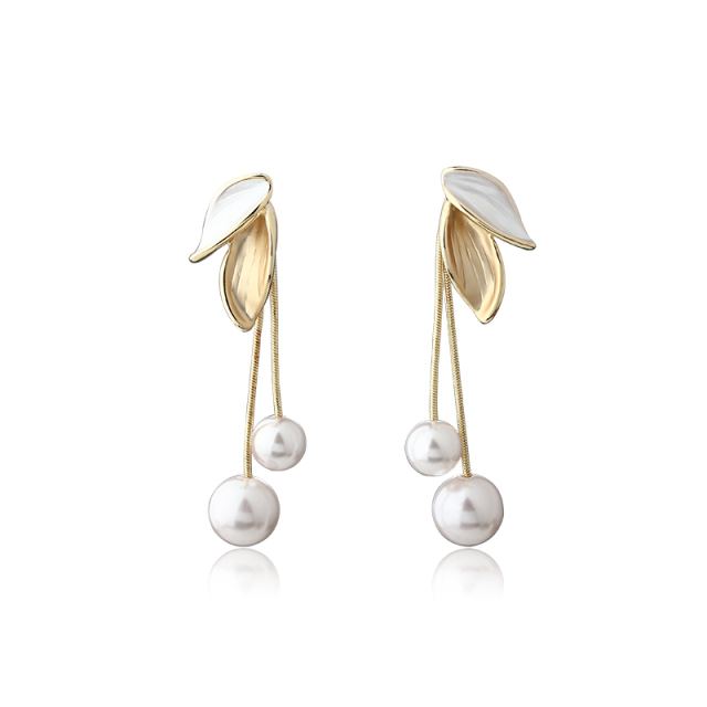 Leaf & Shell Pearl Long Tassel Gold-Tone Earrings
