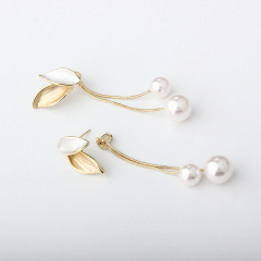 Leaf & Shell Pearl Long Tassel Gold-Tone Earrings