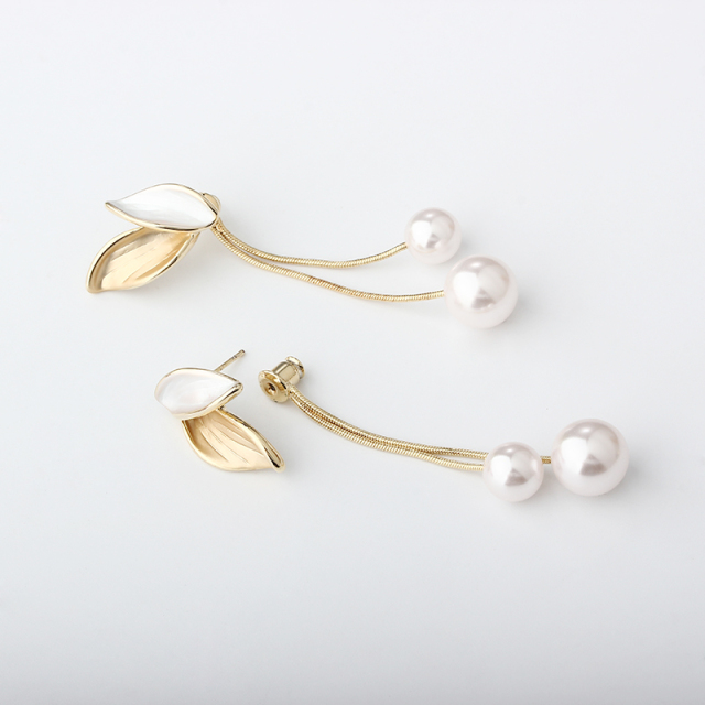 Leaf & Shell Pearl Long Tassel Gold-Tone Earrings