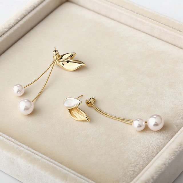 Leaf & Shell Pearl Long Tassel Gold-Tone Earrings